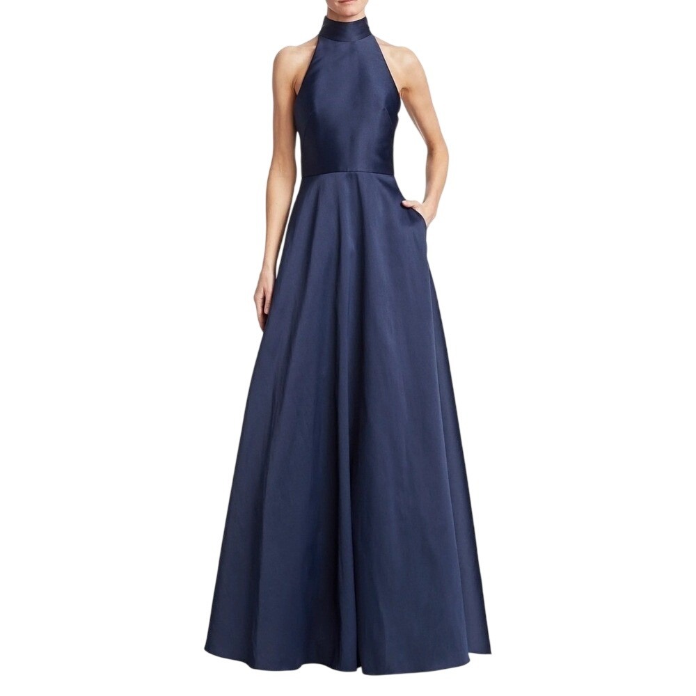 ML Monique Lhuillier Navy Halter Satin Ball Gown Small NWT Pockets $695
